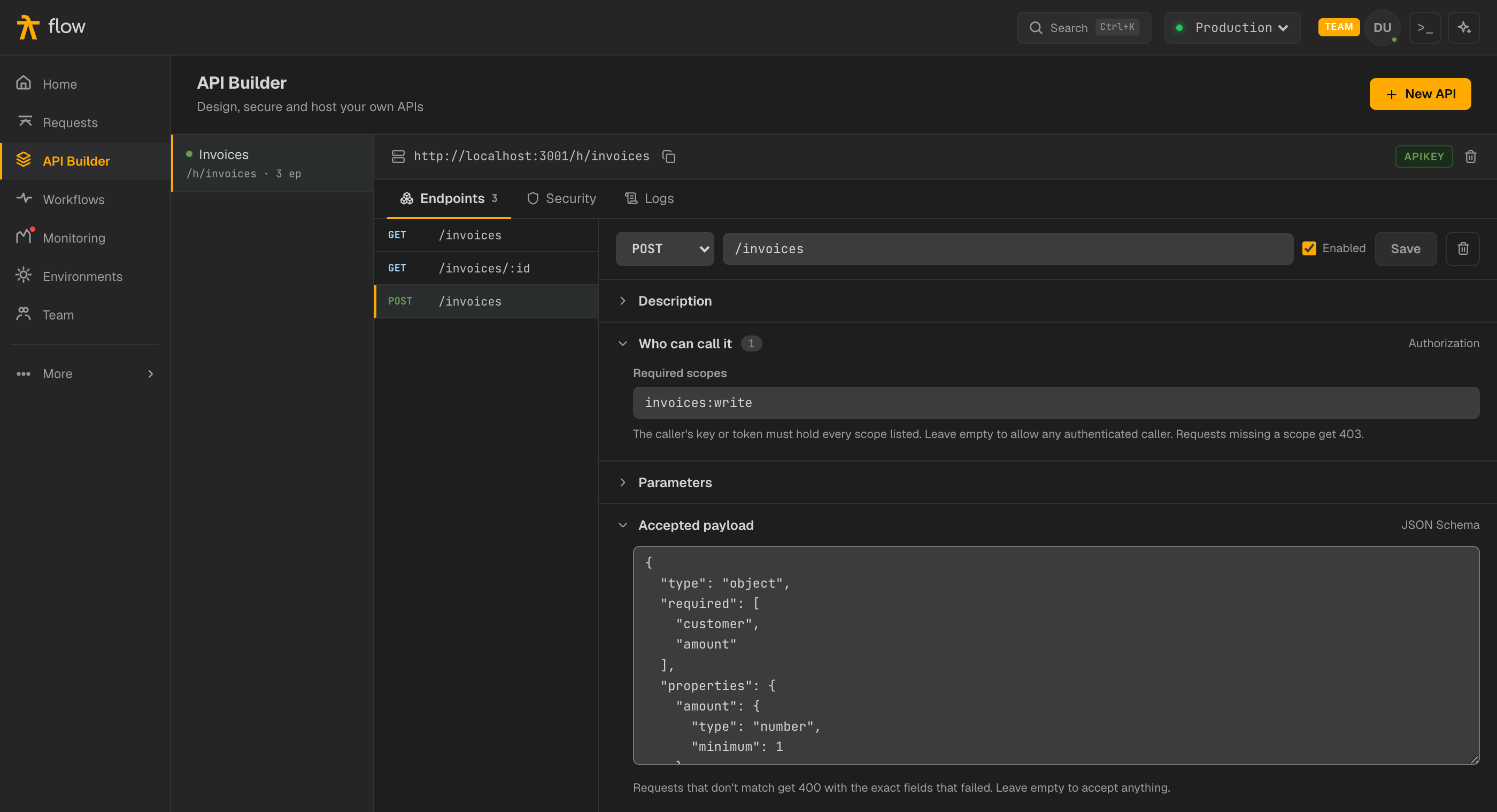 Defining an endpoint: schema on the left, processing logic in the middle.