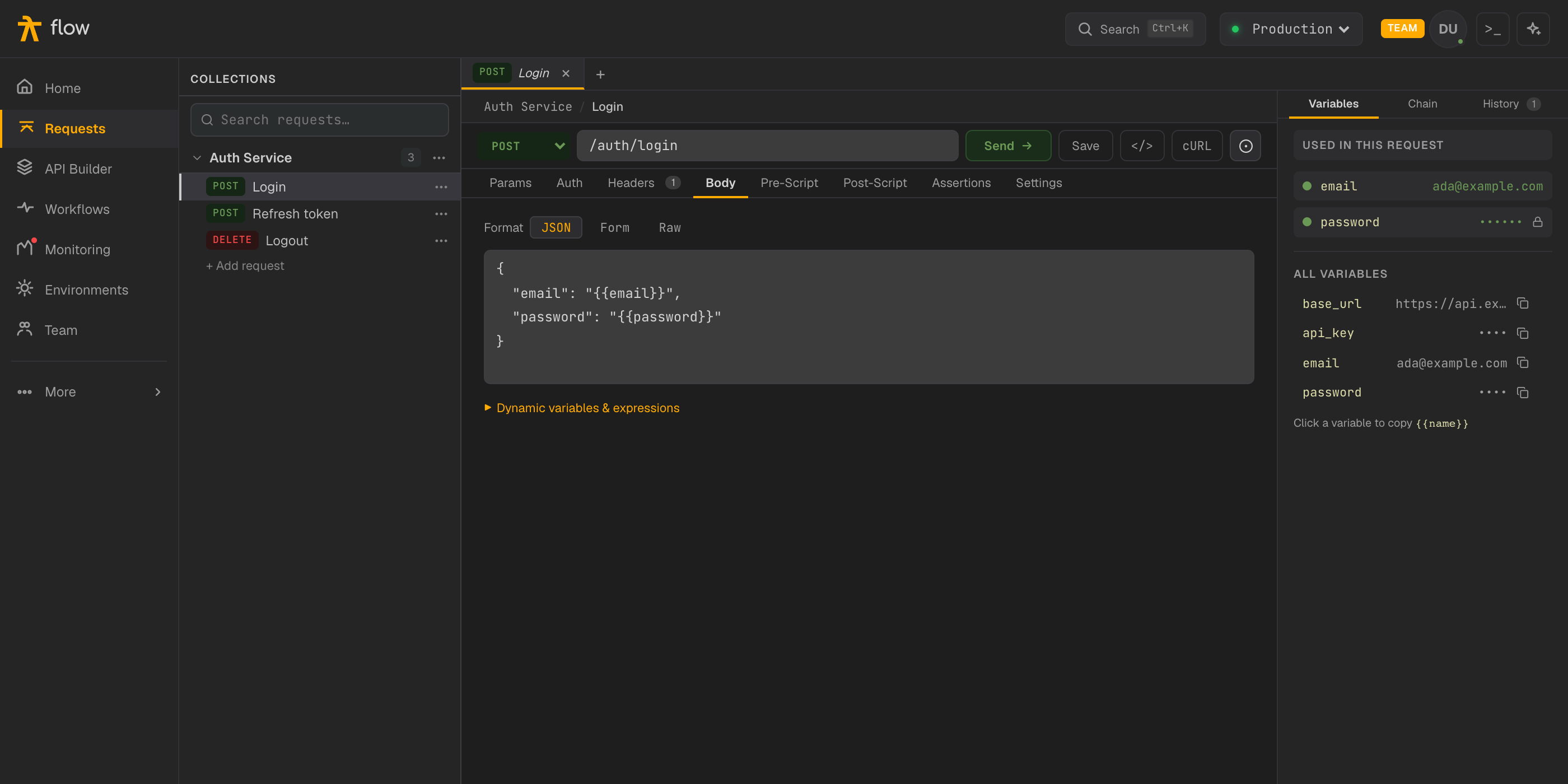 The request editor: collections on the left, the request in the middle, the response below.